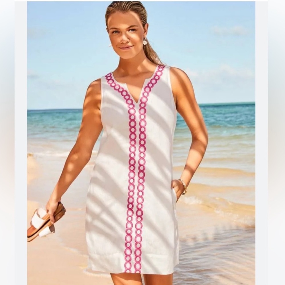 NWT Tommy Bahama Geometric Embroidered Linen Shift Dress SZ XS White W/ Pink